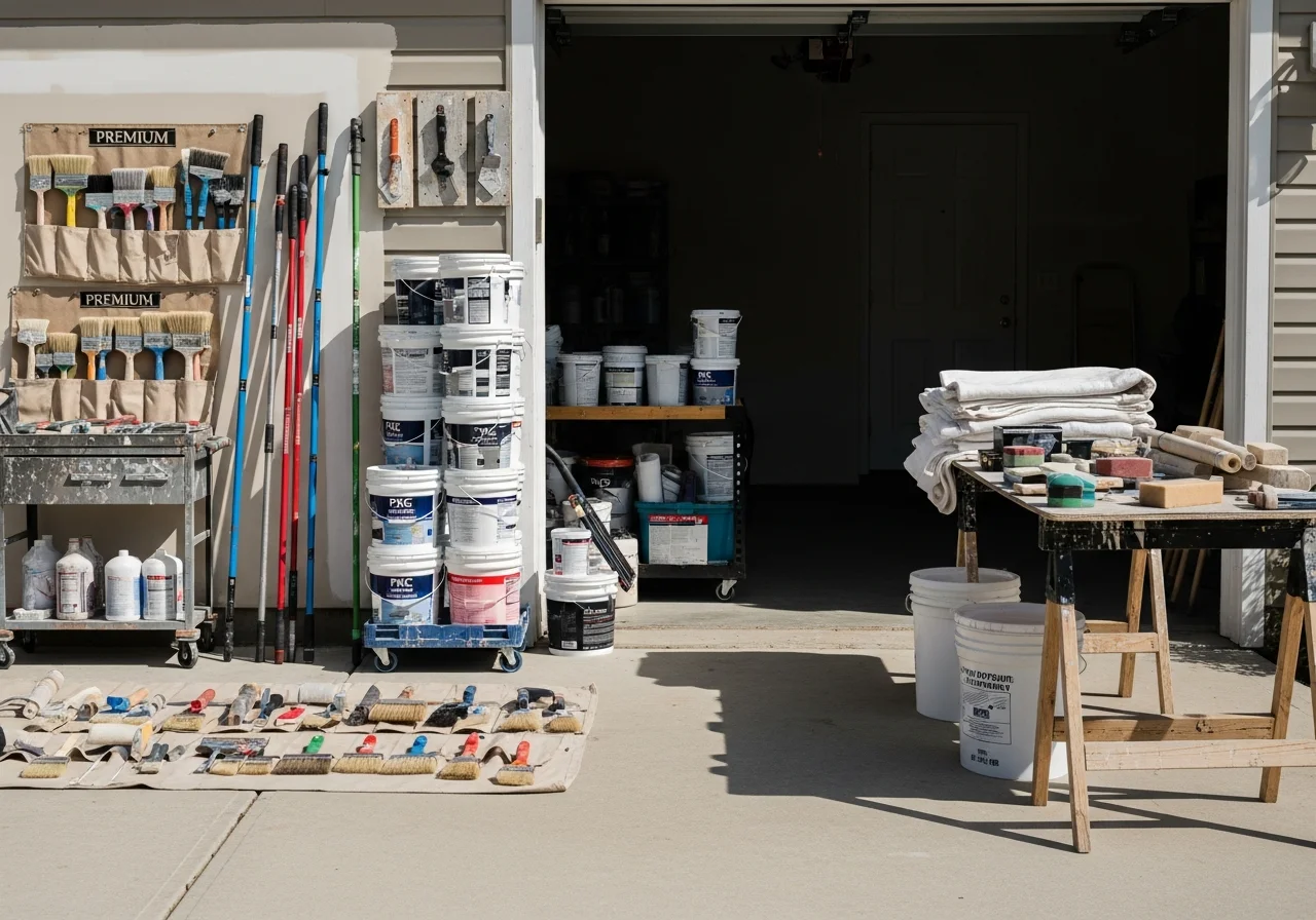 Professional painting crew with brushes, rollers, and supplies ready for residential and commercial projects.
