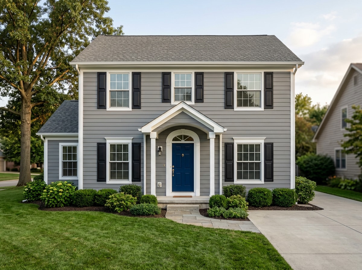 Two story Central Ohio home with freshly painted grey siding and crisp white trim
