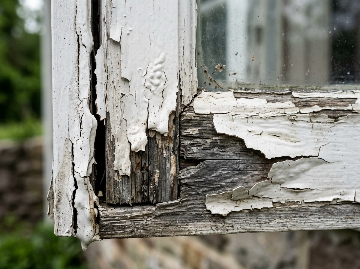 Close up of peeling blistered exterior paint and split caulk at a wood window trim joint