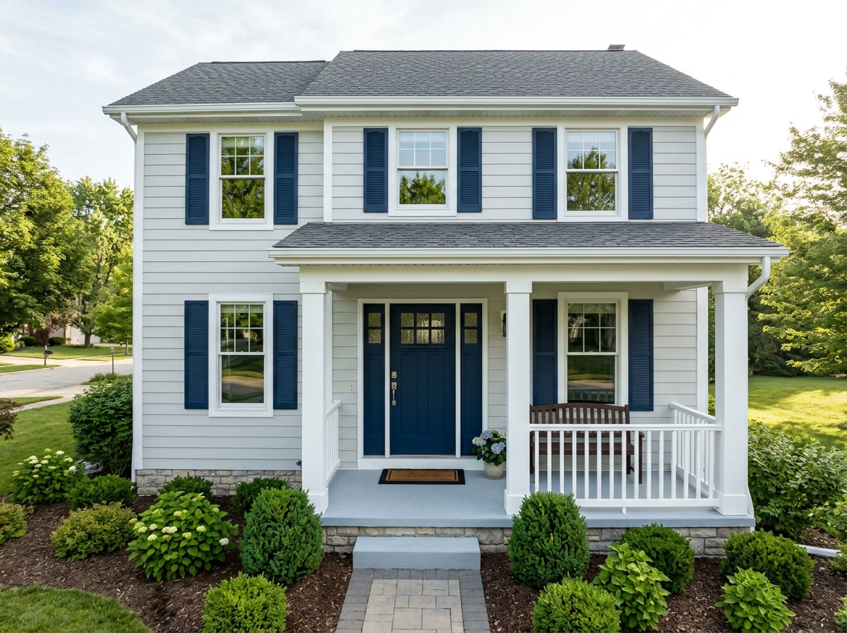Finished home exterior showing painted siding, white trim, shutters, and a coordinated front door