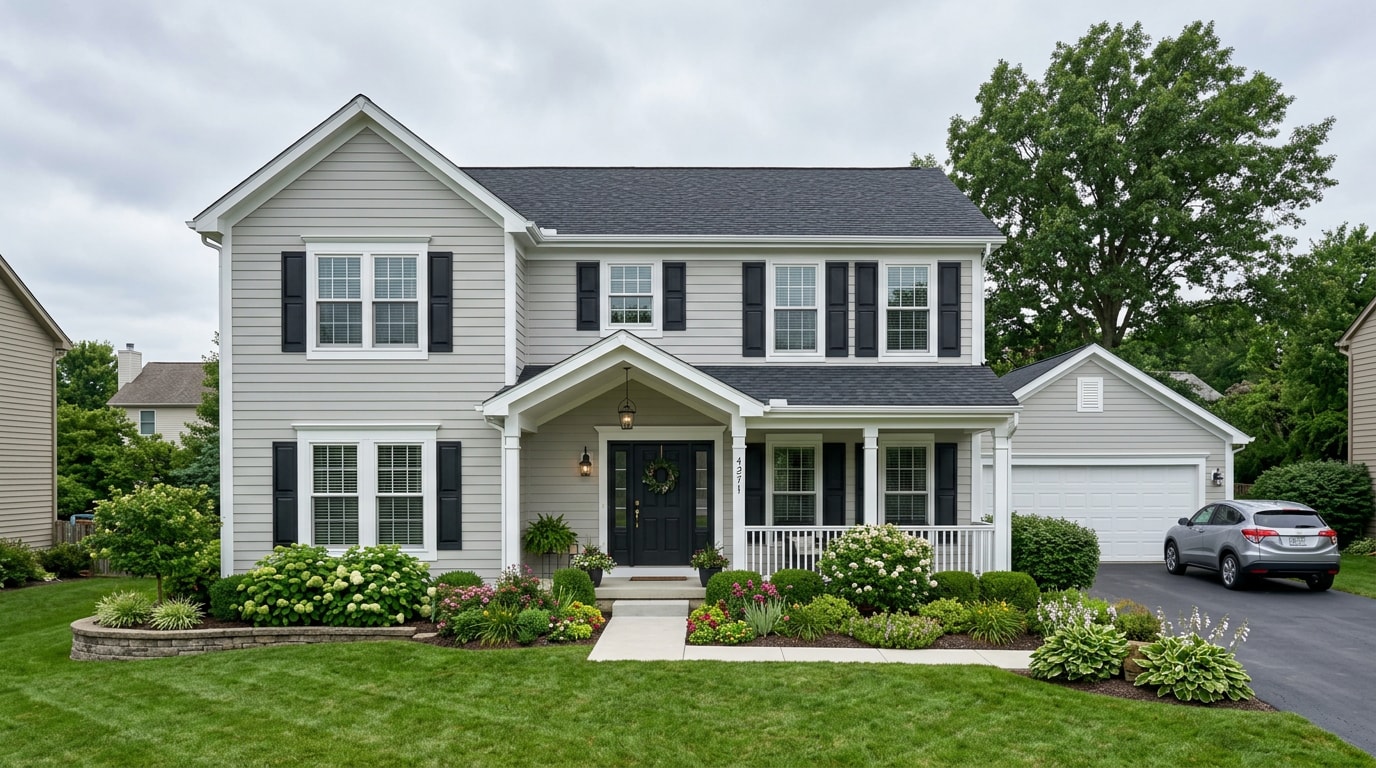 Freshly painted grey suburban home exterior with white trim in Lewis Center, OH