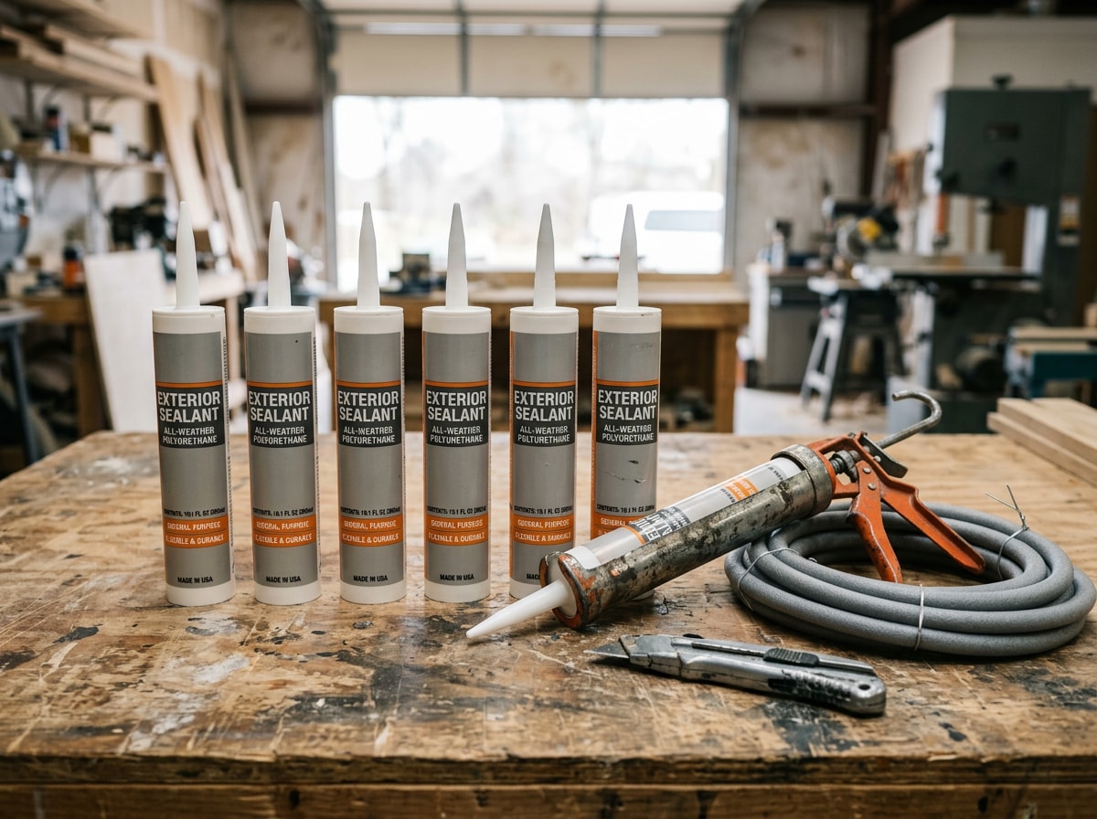 Lineup of exterior caulk tubes and a caulking gun staged on a contractor workbench