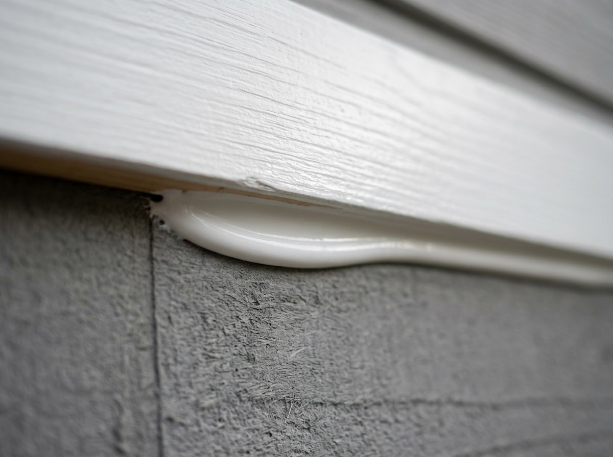 Close-up of a tooled concave white caulk bead along painted wood trim against fiber cement siding