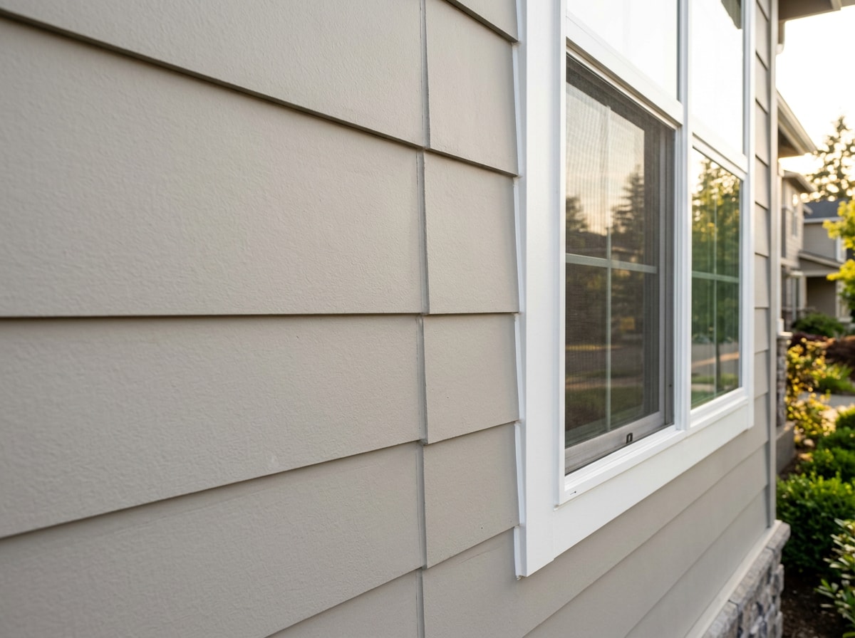 Sealed and painted fiber cement butt joint on a residential exterior wall in daylight