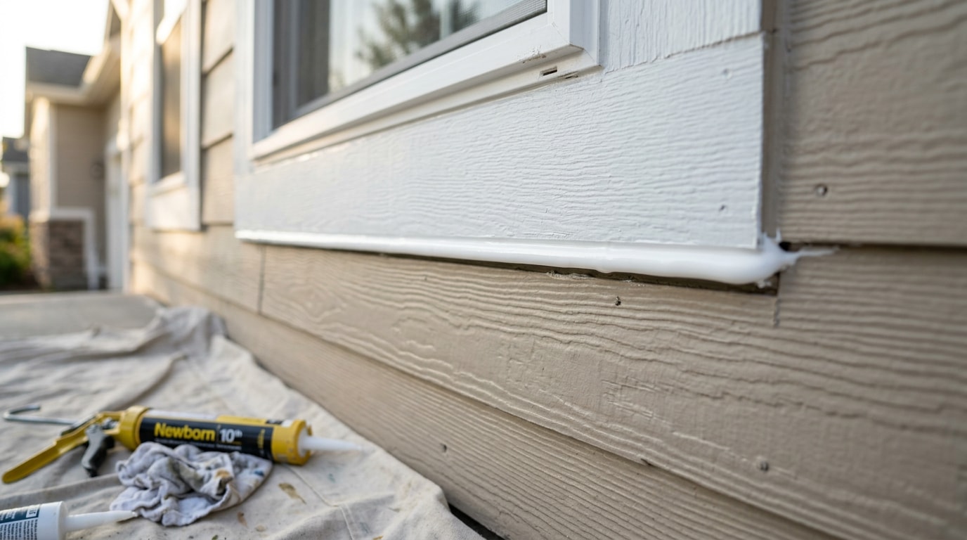 Freshly tooled exterior caulk bead between painted trim and siding on a New Albany, OH home Freshly tooled exterior caulk bead between painted trim and siding on a New Albany, OH home