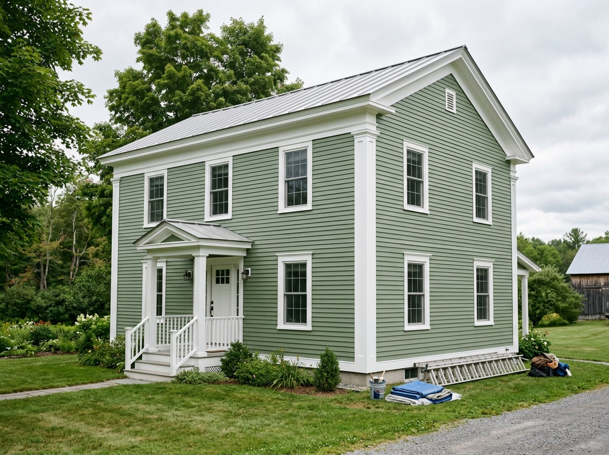 Repainted two-story country home exterior with white trim in Lewis Center, Ohio