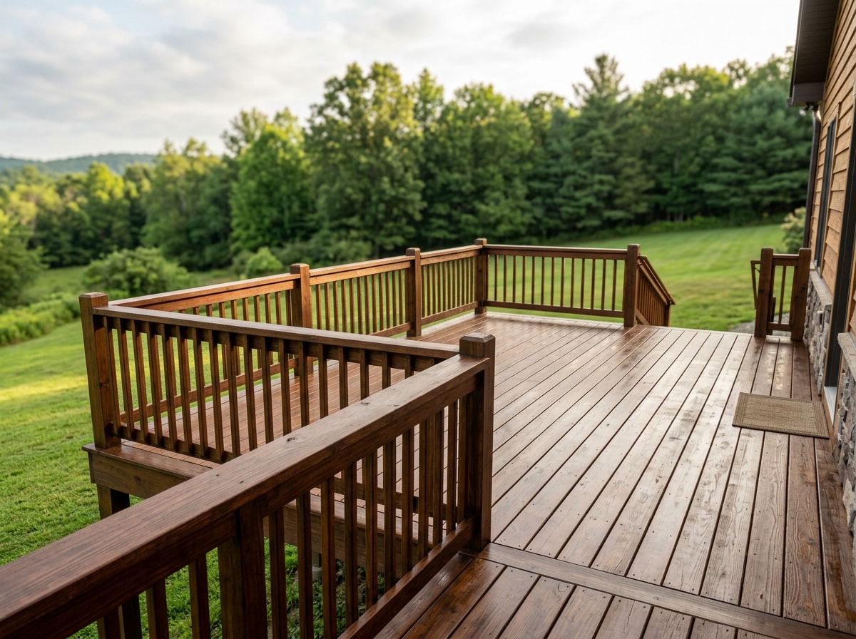 Freshly stained wood deck and railing on a rural property