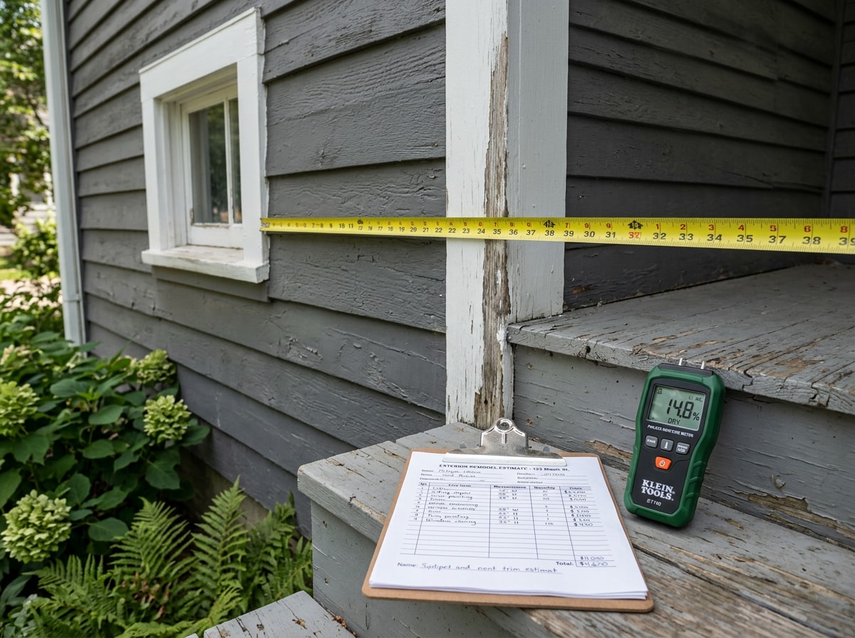 Painting contractor measuring siding and trim during an exterior estimate walkthrough