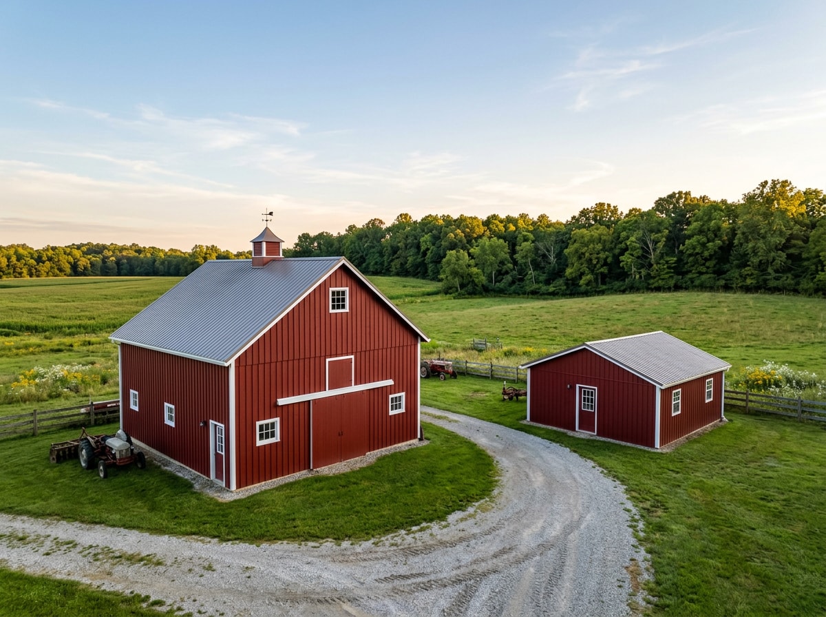 Painted barn and detached outbuilding on a rural Ohio property