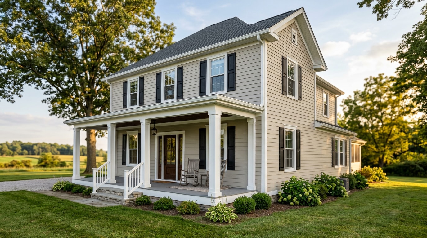 Freshly painted country house exterior with white trim on a rural Lewis Center, Ohio property Freshly painted country house exterior with white trim on a rural Lewis Center, Ohio property