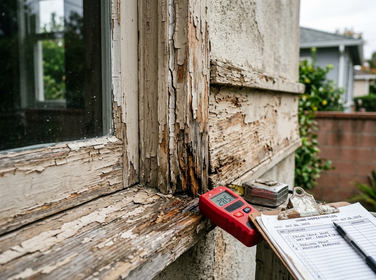 Estimator inspecting siding and trim for moisture damage during an exterior painting estimate