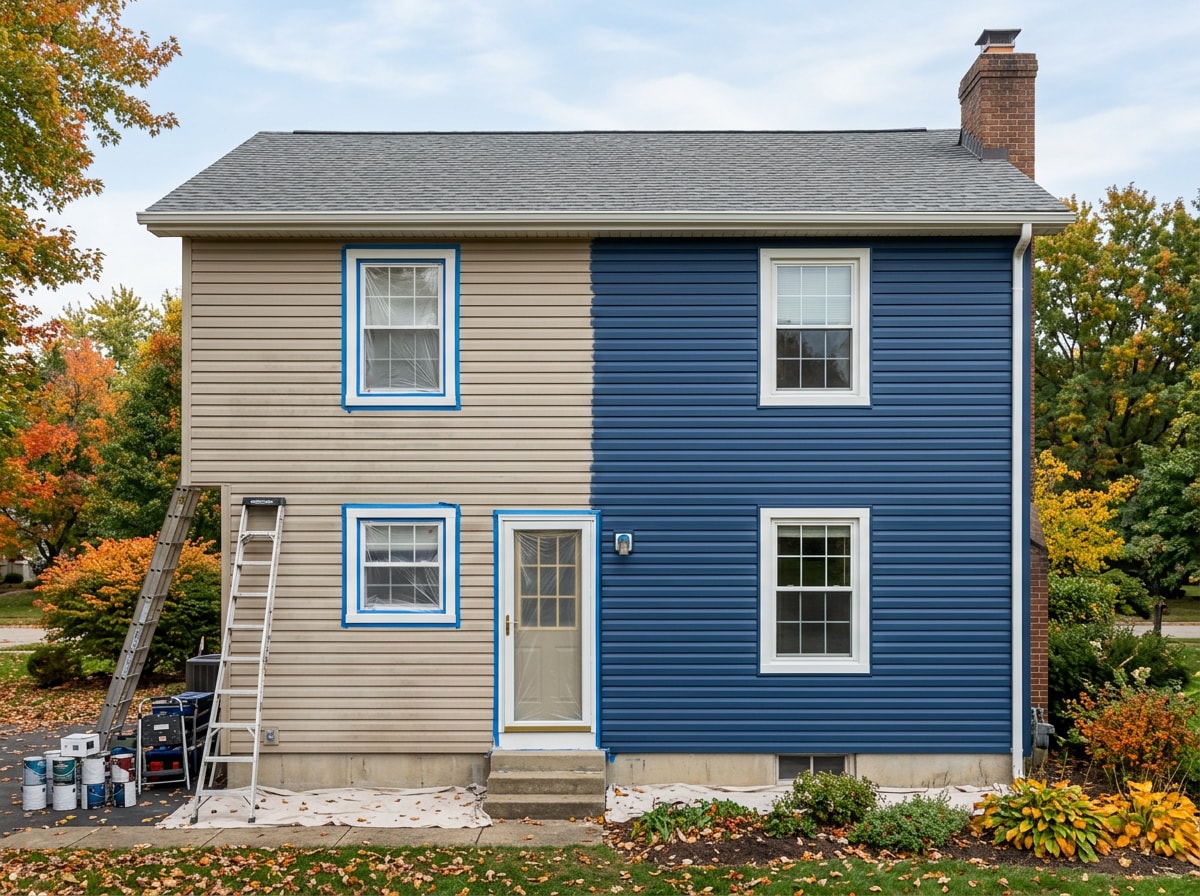 Freshly repainted two story home exterior in Hilliard with crisp white trim and clean siding