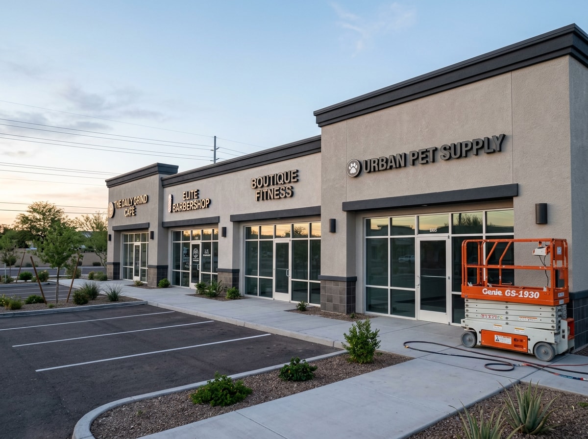 Commercial storefront exterior freshly painted with clean neutral walls and sharp accent trim