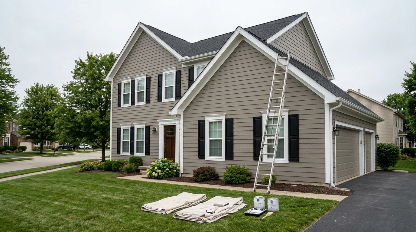 Freshly painted two story suburban home exterior with gray siding and white trim Freshly painted two story suburban home exterior with gray siding and white trim