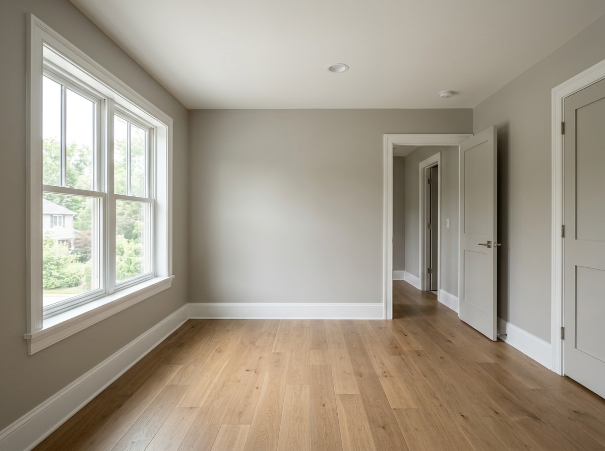Freshly painted interior living room walls and white trim in a Gahanna, Ohio home