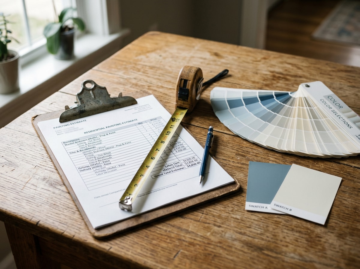 Painting estimate paperwork and color samples on a work table at a finished job site