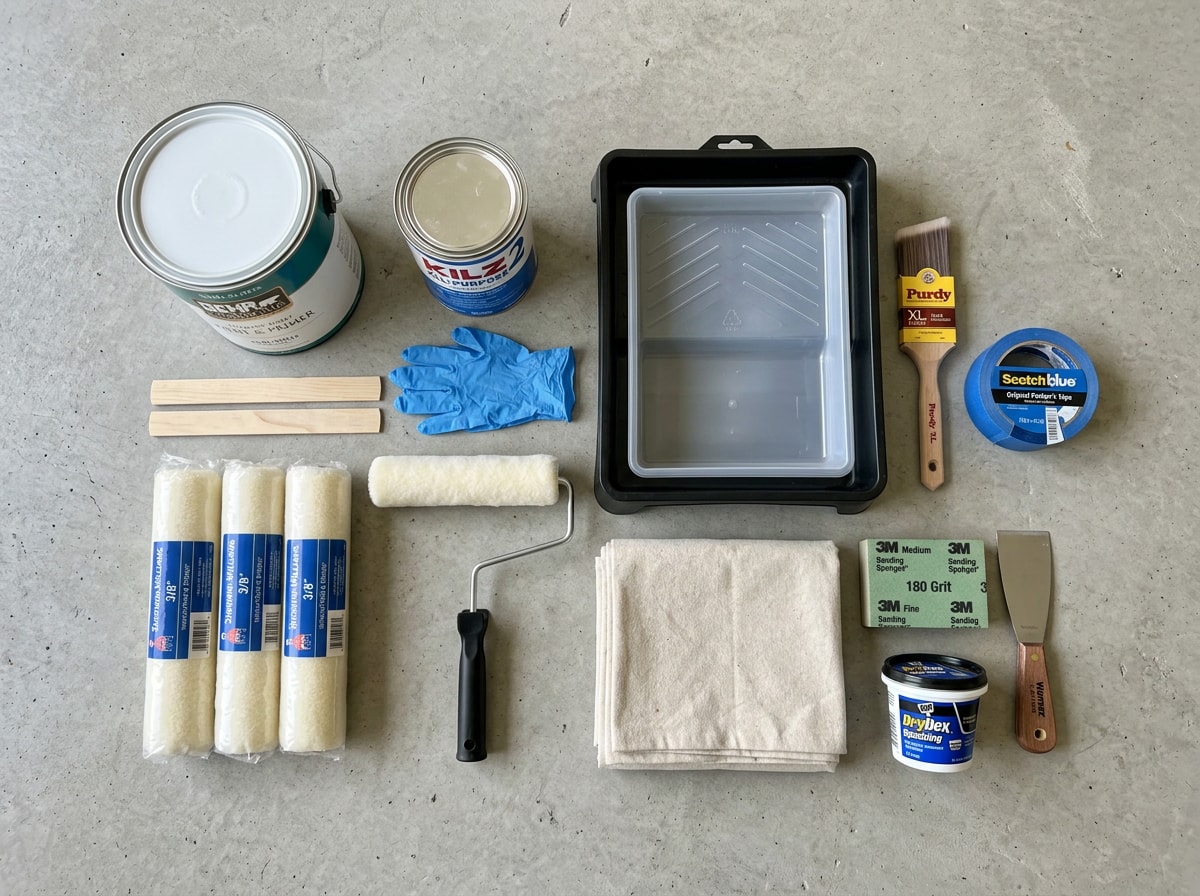 Flat lay of a complete house painting supplies list including paint cans, roller covers, angled brush, painter's tape and drop cloth