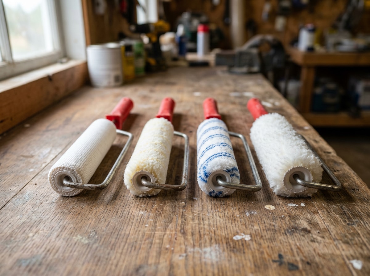 Roller nap length comparison showing quarter inch through three quarter inch roller covers lined up on a workbench