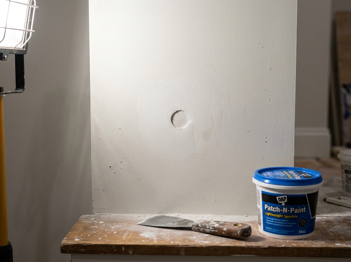 Homeowner filling a nail hole with spackle and sanding the patch smooth before painting