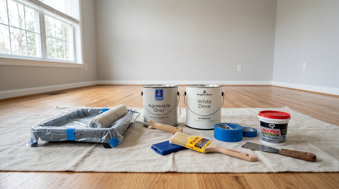 House painting supplies laid out on a canvas drop cloth in an empty New Albany living room House painting supplies laid out on a canvas drop cloth in an empty New Albany living room