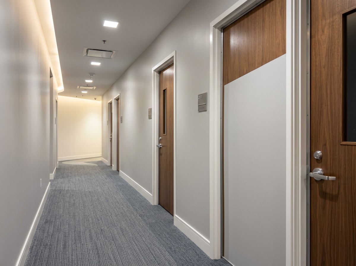 Repainted office corridor with fresh eggshell walls and semi-gloss door frames in a Powell OH suite