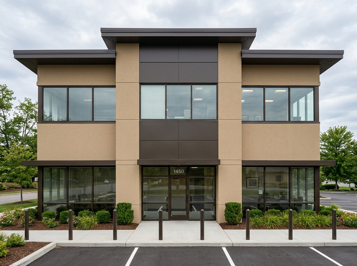 Freshly coated masonry and metal panel exterior of a commercial office building