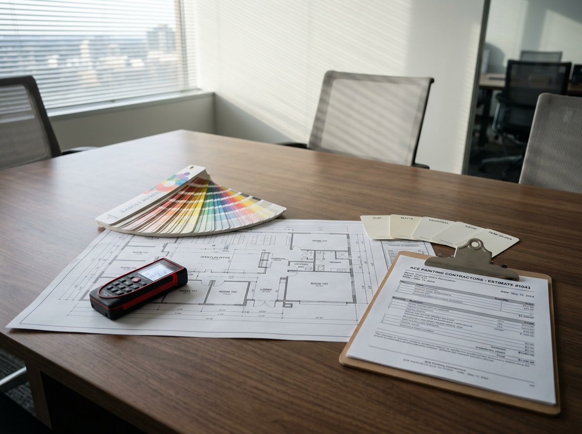 Estimator tools and floor plan on a conference table during a commercial painting walkthrough