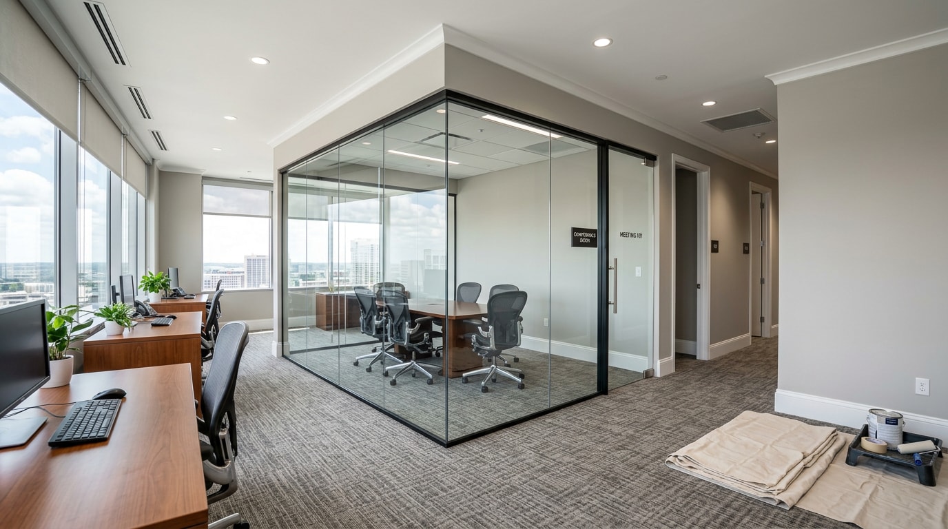 Freshly painted modern office suite interior in Powell, OH with eggshell walls and white trim Freshly painted modern office suite interior in Powell, OH with eggshell walls and white trim