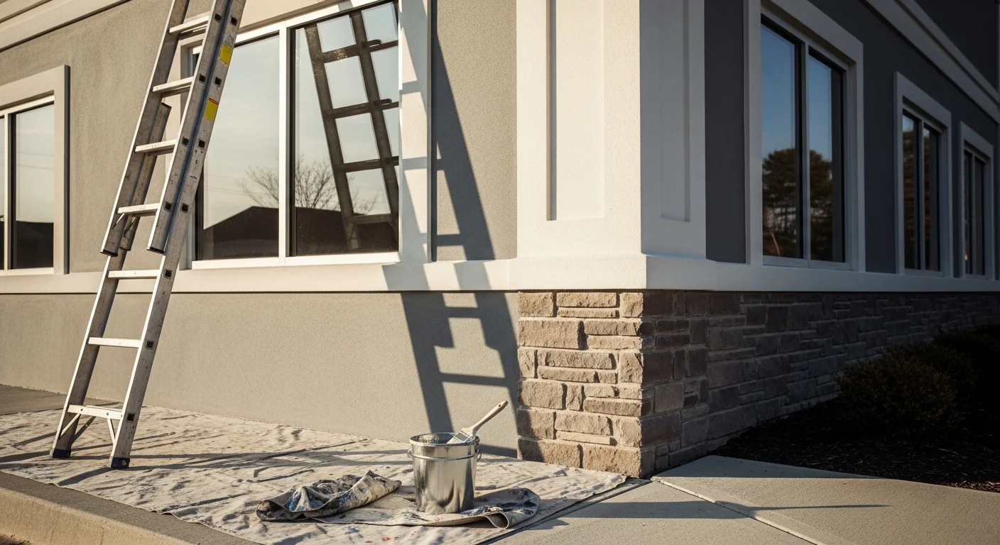 Commercial painter working on exterior of business building