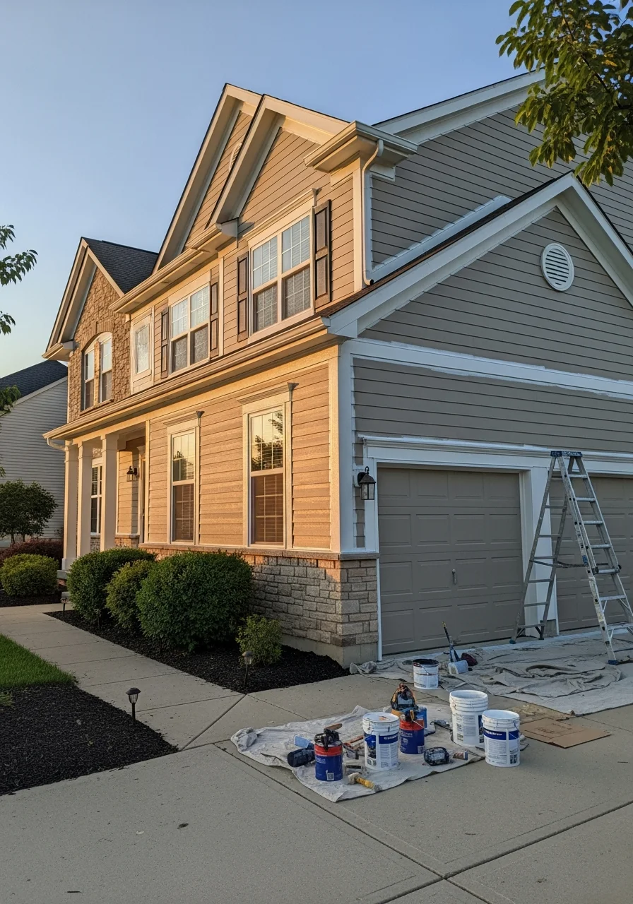 Professional painter applying exterior paint to residential home in Gahanna
