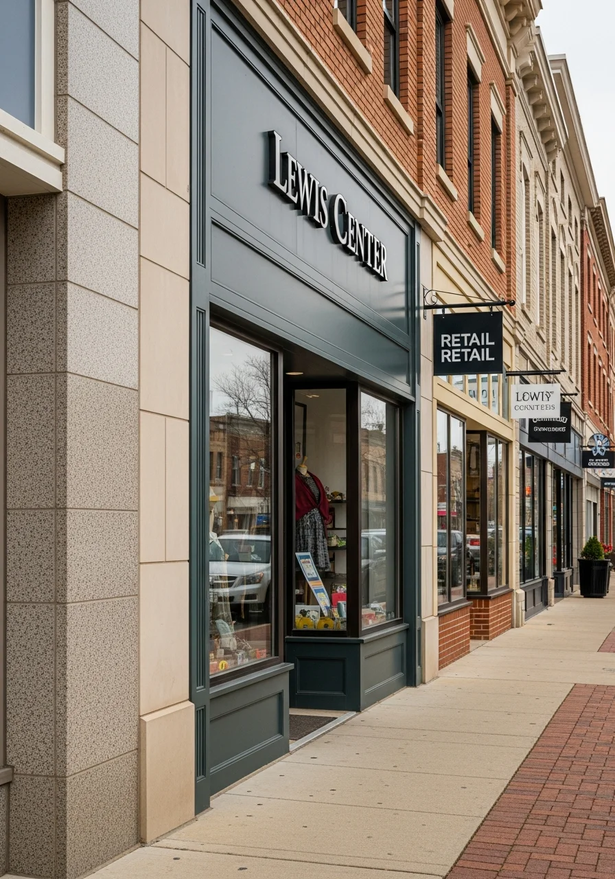 Commercial shopping area in Lewis Center with retail storefronts along Route 23