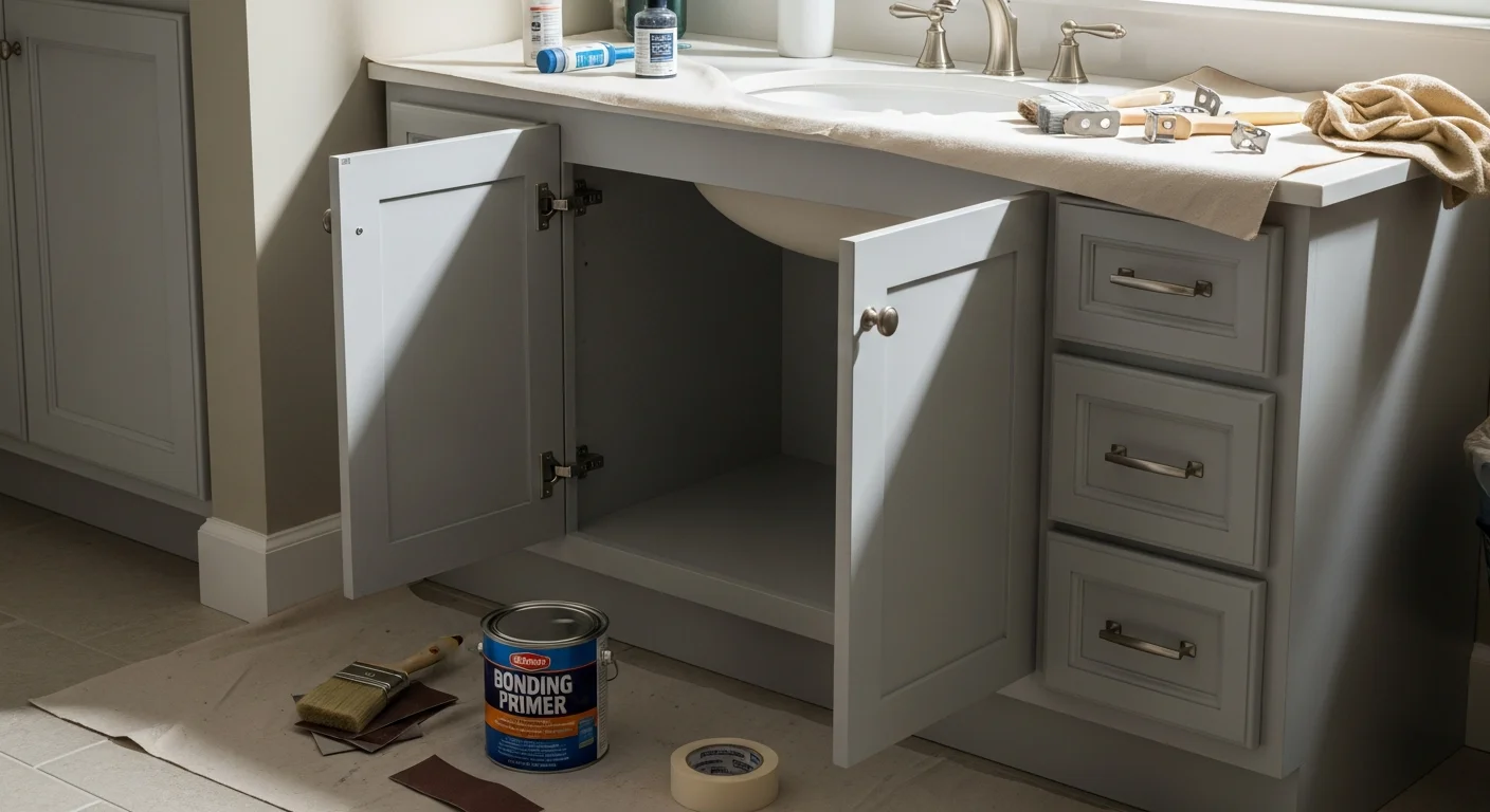Freshly painted white bathroom vanity cabinet with clean brushwork on door panels and frame, photographed in a New Albany home bathroom. Close view shows smooth, even finish on drawer fronts with updated hardware reinstalled.