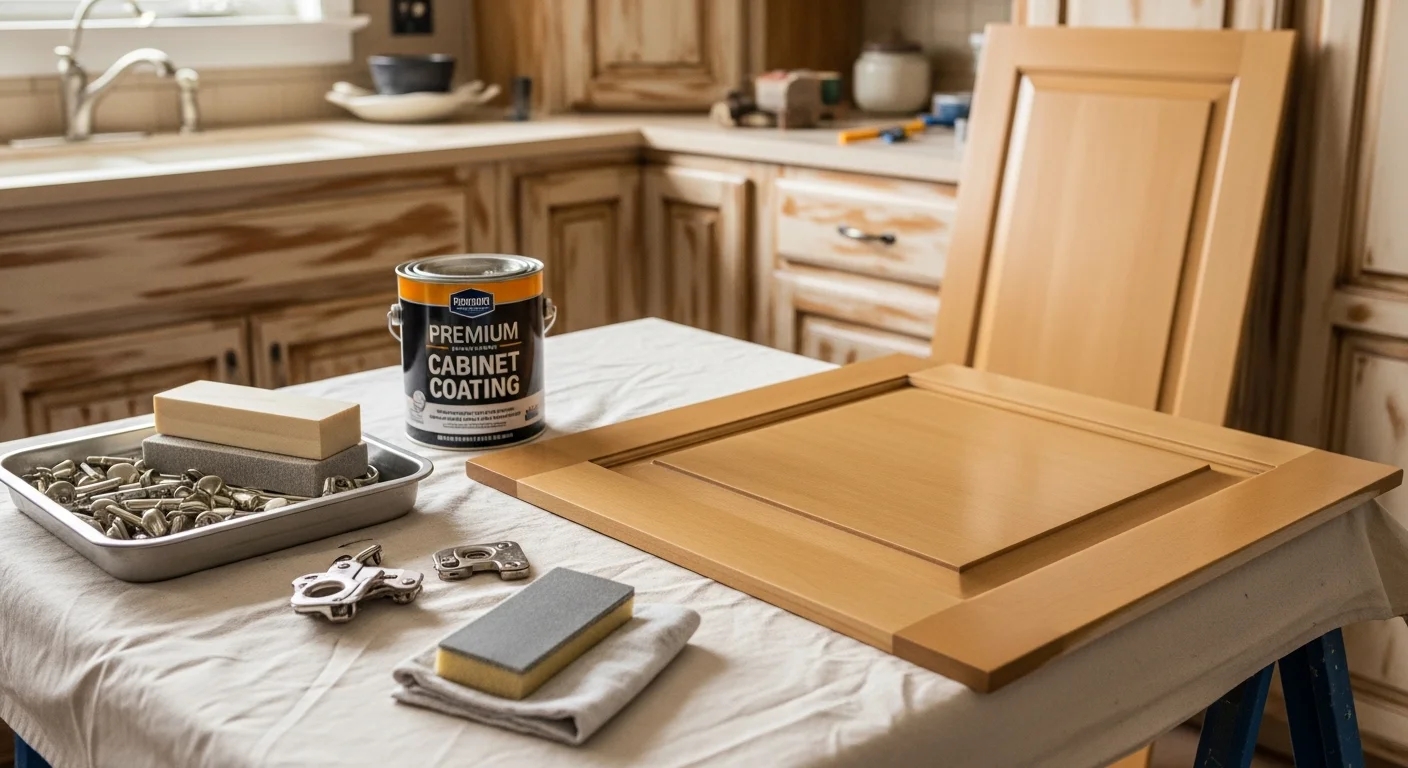 Refinished kitchen cabinets in a New Albany, Indiana home showing a smooth, freshly coated finish in a neutral color with updated hardware. The cabinets are fully reinstalled in a residential kitchen typical of the older housing stock found throughout New Albany.