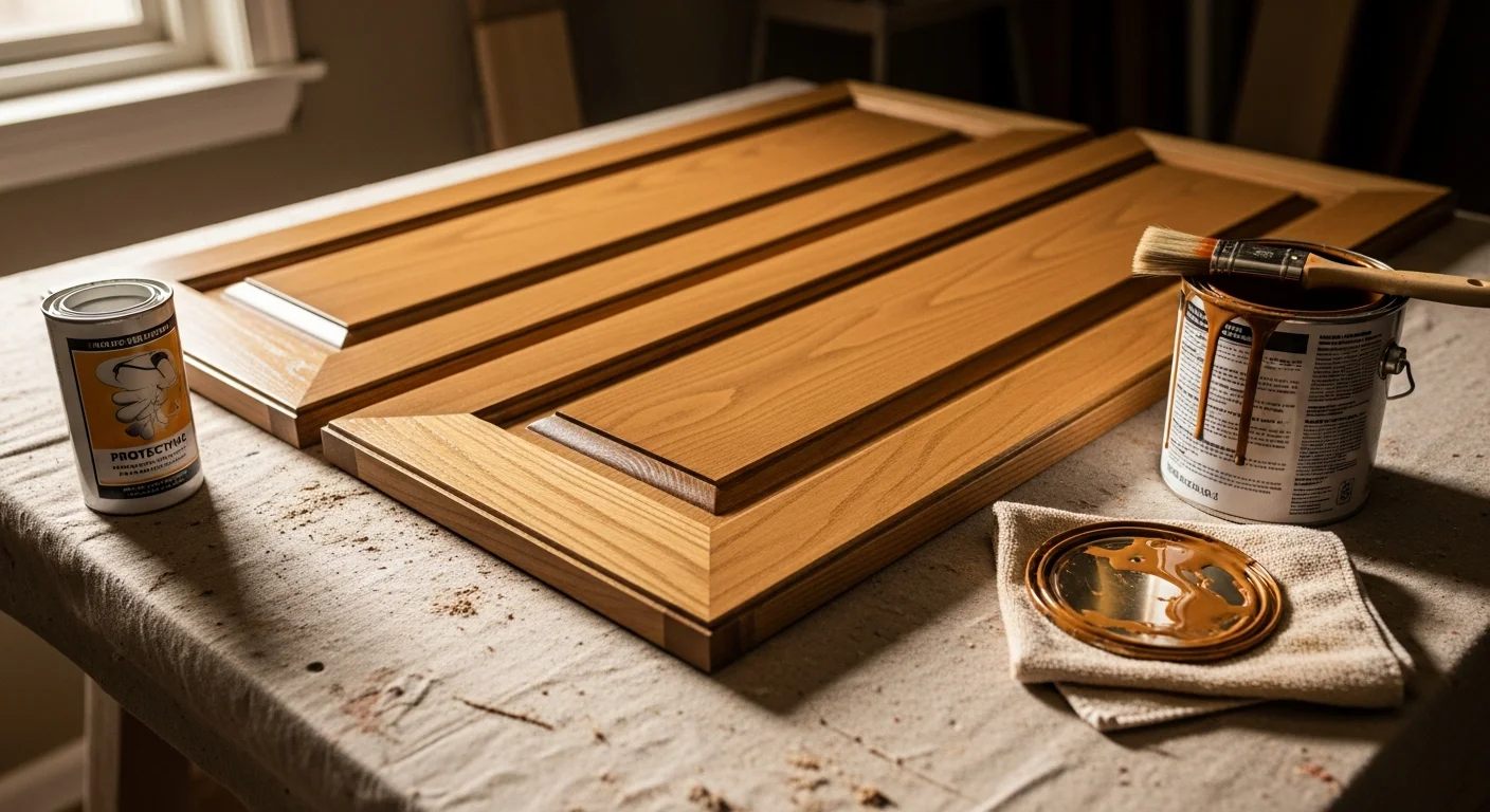 Freshly stained wood kitchen cabinet doors with visible natural grain, photographed in a New Albany home kitchen. A clear protective topcoat gives the surface an even, smooth sheen.