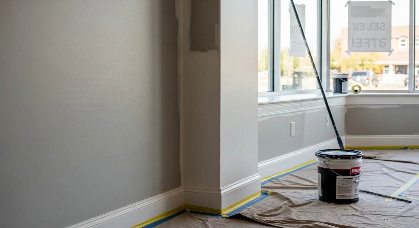A freshly painted commercial office interior in New Albany, IN, showing clean white walls, sharp trim lines, and a professional finish in a multi-room business space. PKC Custom Painting completed the interior coating work on both the main walls and accent surfaces throughout the suite.