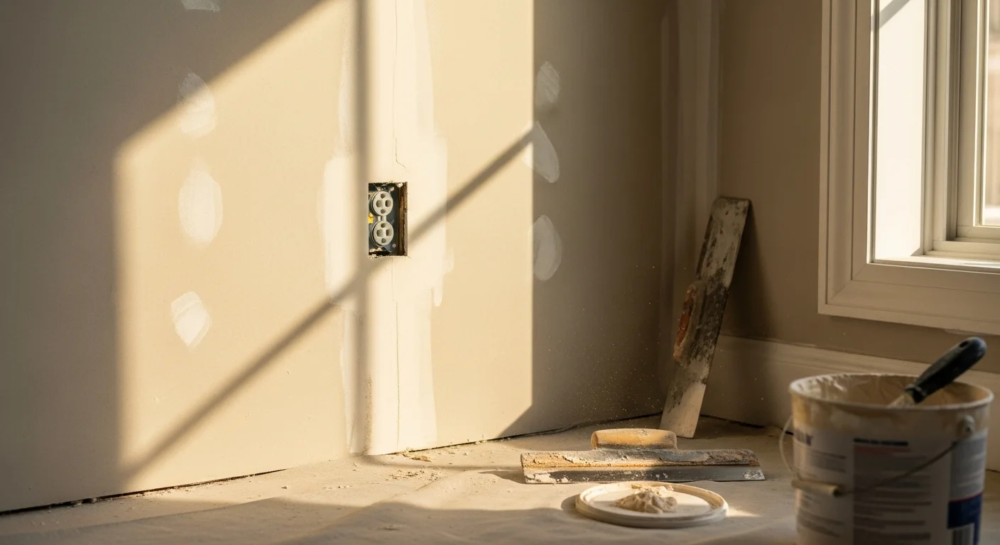 A smooth, freshly patched interior wall in a New Albany single-family home, with the repaired area blended into the surrounding drywall surface. The finished patch shows no visible seams or texture differences against the existing wall.
