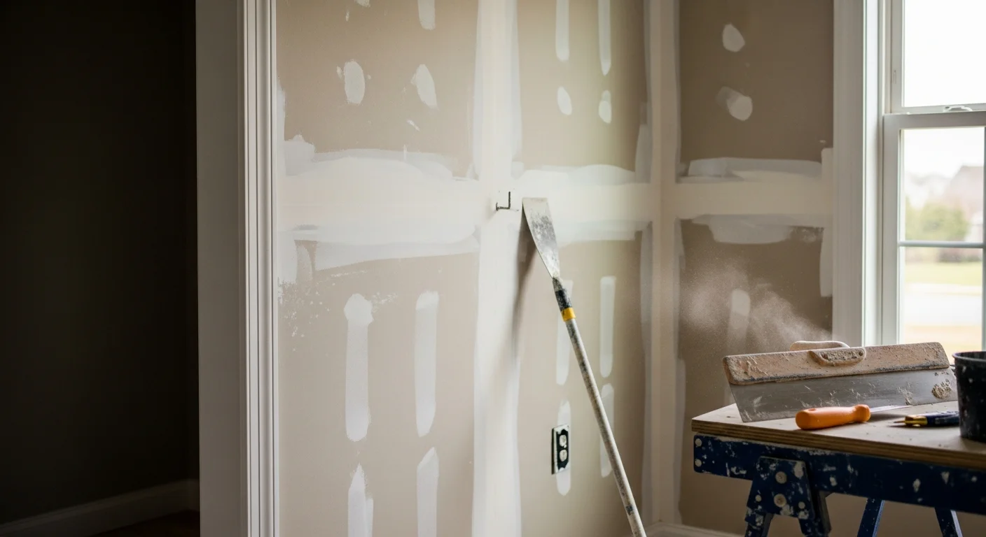 A smooth, freshly repaired drywall wall inside a New Albany, Ohio home, with texture blended to match the surrounding surface. The wall is clean and paint-ready, showing no visible seams or patch marks.