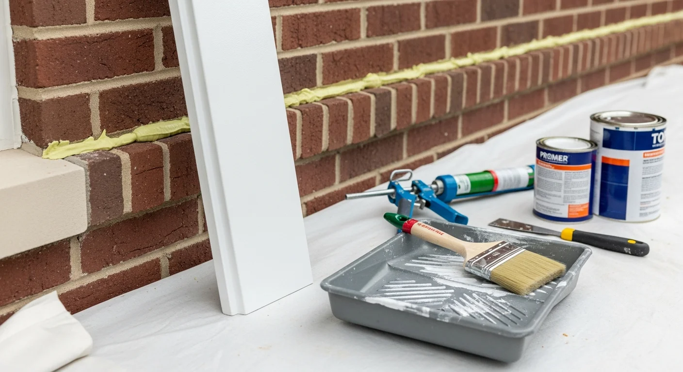 Close-up of freshly painted white exterior trim around a window on a Georgian-style home in New Albany, Ohio. Clean paint lines contrast against brick siding with no drips or gaps at the caulked joints.