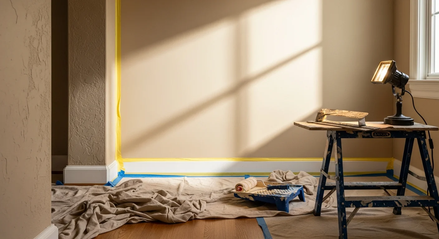 Freshly painted interior walls in a New Albany, IN home showing clean edges along white trim and an even coat of color in a living room. The room reflects the character of a mid-century single-family home with smooth, repaired wall surfaces throughout.
