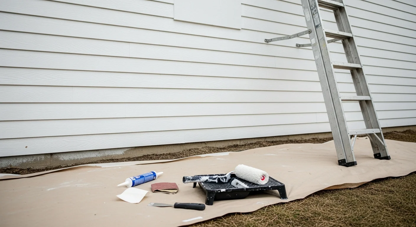 A two-story colonial-style home in New Albany, Ohio with freshly painted white siding and dark-painted shutters and trim. The exterior shows clean, even coverage across the siding, front door, and garage face with no visible drips or lap marks.