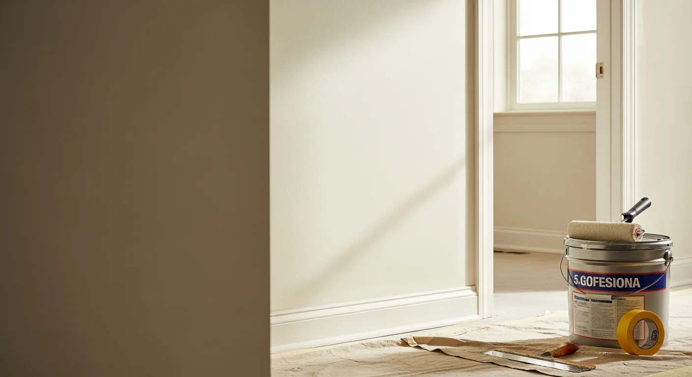 Freshly painted interior living room walls with clean trim lines in a single-family home in New Albany, Indiana. A sole proprietor painter applies a second coat to a smooth accent wall while drop cloths protect the hardwood floor below.