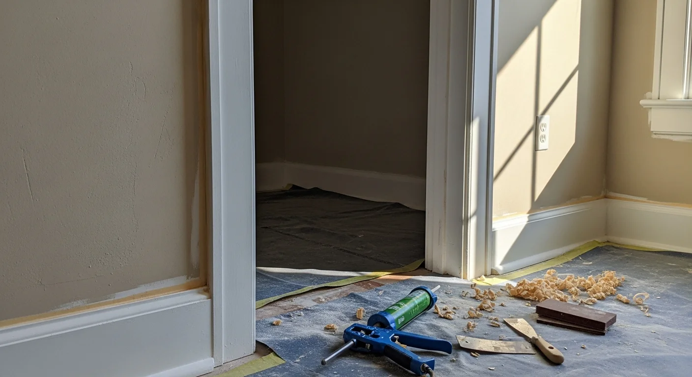 Freshly installed white interior door casing and baseboard trim in a New Albany home, with clean paint-ready joints and no visible gaps at the wall or floor. Close-up view shows smooth, uniform trim profile typical of older single-family homes in Southern Indiana.