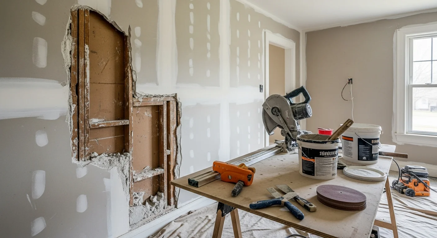 A freshly repaired and primed interior wall in a New Albany home, showing smooth drywall seams where water-damaged sections were removed and replaced. The ceiling and adjacent wall surfaces are undisturbed, with the repair area blending evenly into the surrounding finish.